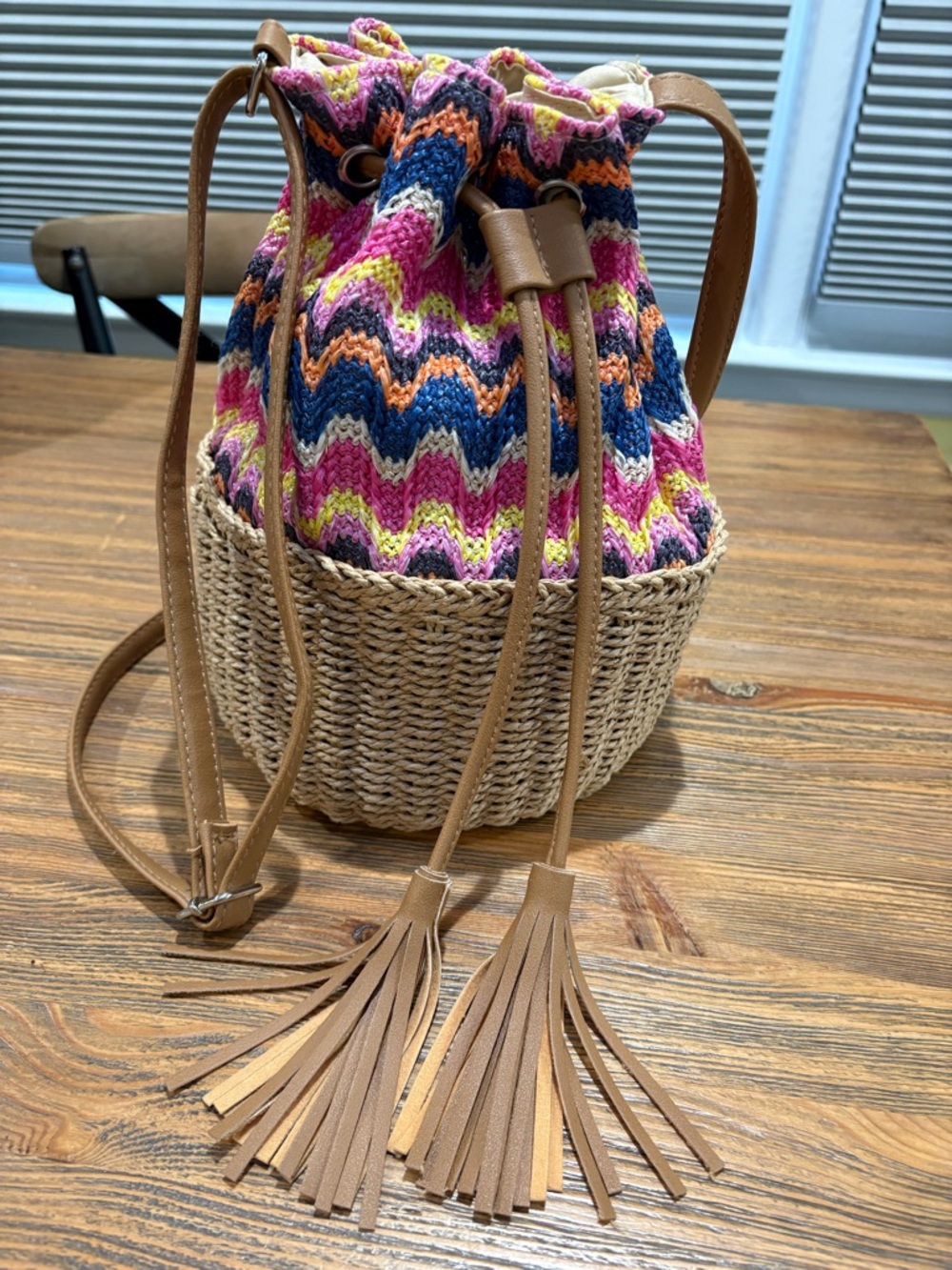 Bucket Bag Multicolor Knit & Woven With Crossbody Strap Tan Tassel Closure
